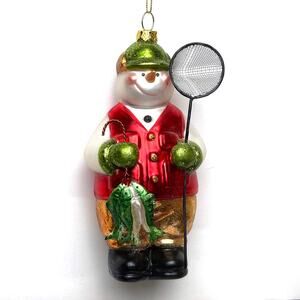 VTG Glass Ornament Snowman With Fish And A Net 6 In Tall